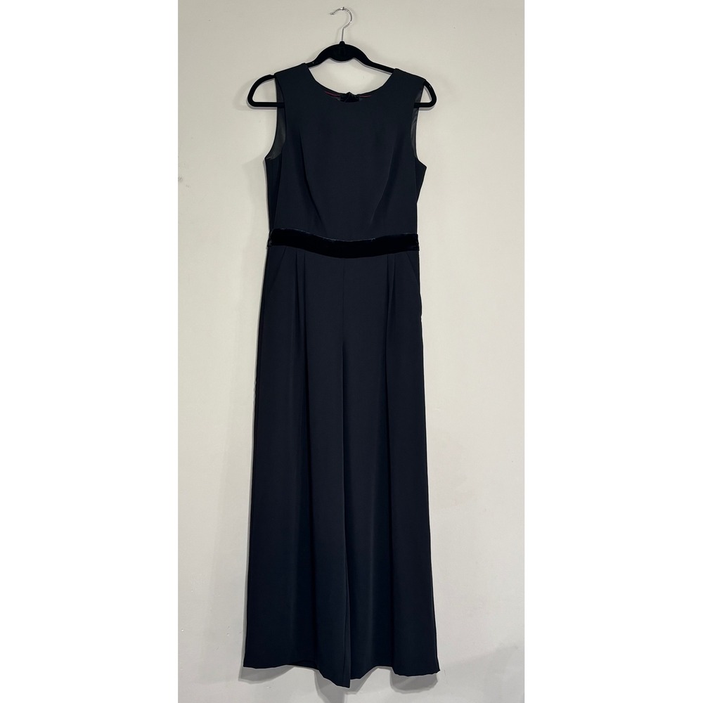 Black Sleeveless Wide Leg Jumpsuit with Velvet Waistband and Back Bow Detail